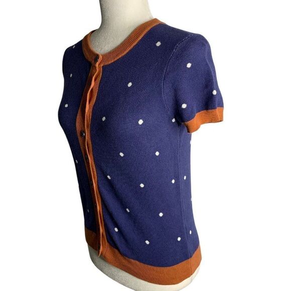ModCloth Short Sleeve Cardigan Sweater XS Blue Knit Polka Dot Buttons Round Neck - Picture 3 of 6